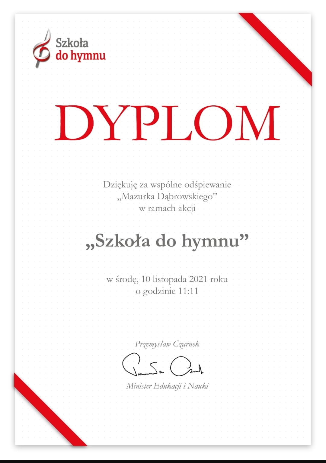 Dyplom Szkoła dla Hymnu